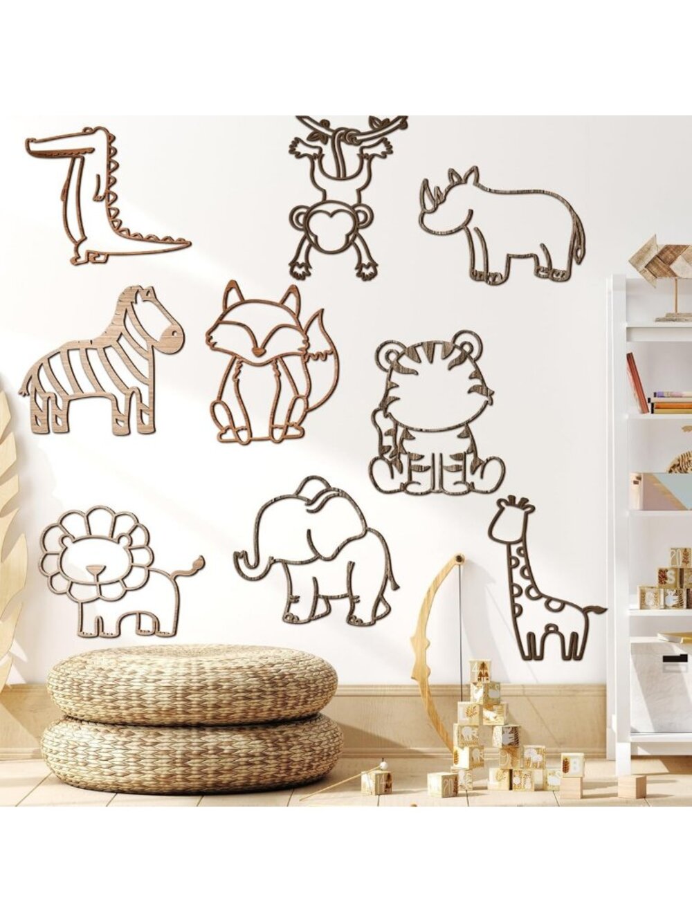 Jungle Theme Nursery Wall Decor - 9 Pcs Safari Animal Wooden Art for Kids' Rooms